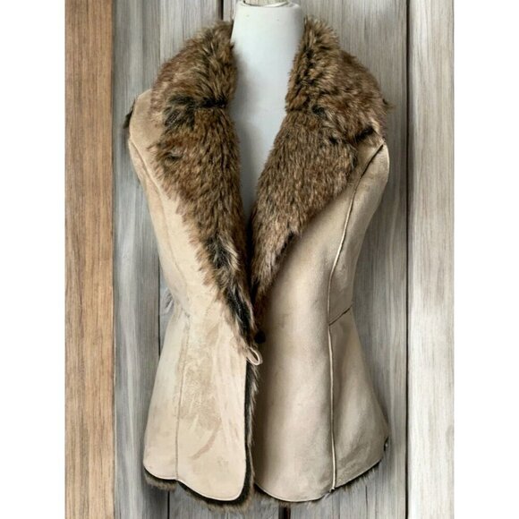 Womens Reversible Faux Fur Collar Vest By Fever Size Medium Beige Brown Tailored - Picture 2 of 9
